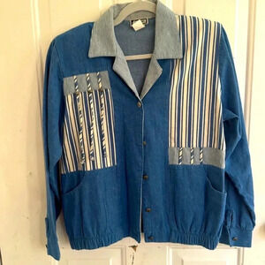 Vintage 80s Made in USA 100% Cotton Blue White Striped Button Front Jacket